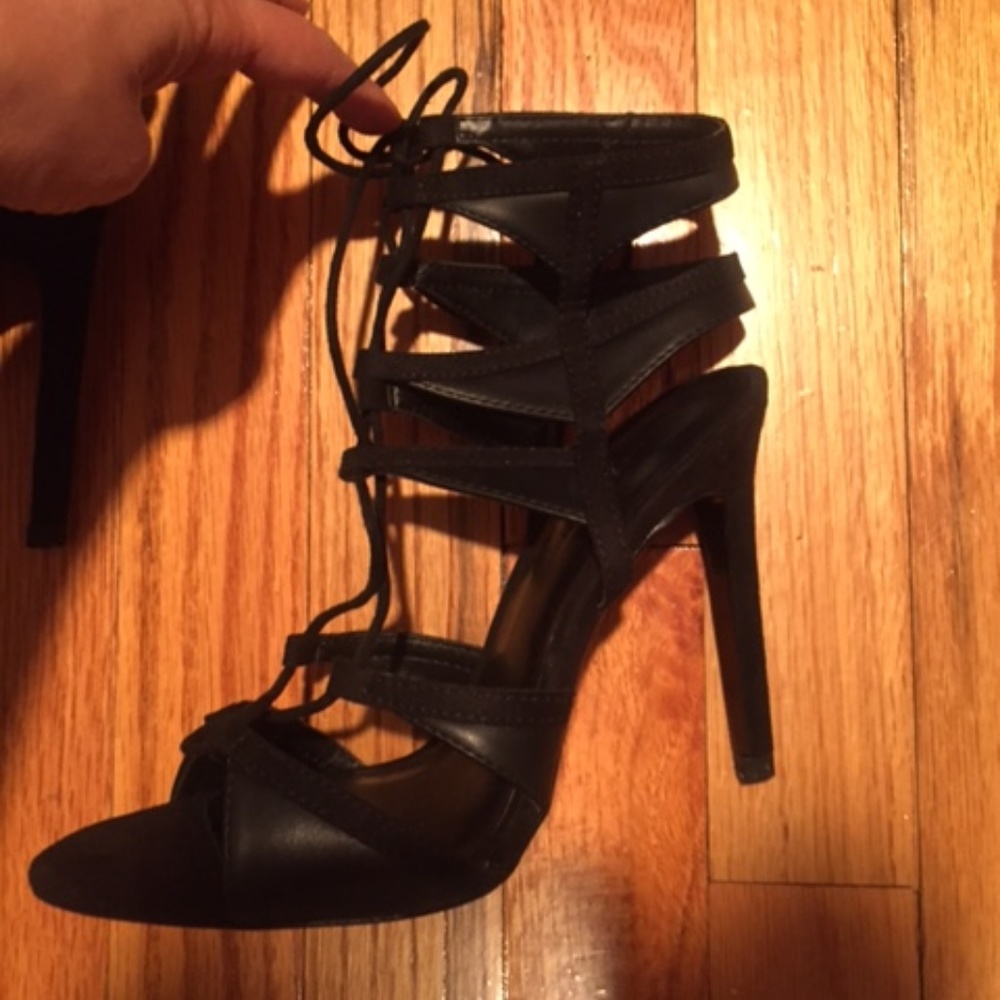 Zara Black Leather Laser Cutout Ankle Bootie Heels